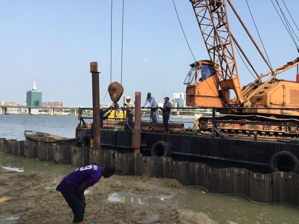 Steel sheet pile shore protection wall under construction, Ikoyi, Lagos